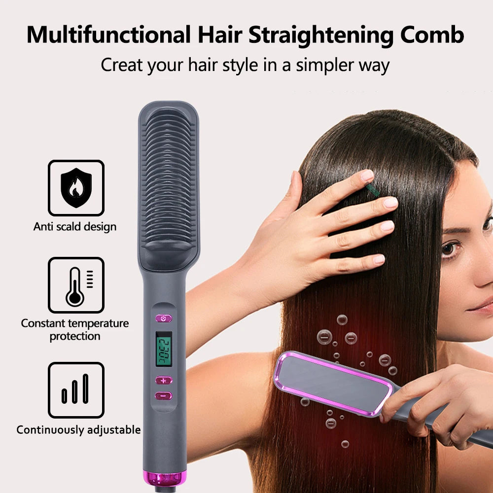 2-in-1 Fast Heating Electric Hair Straightener Brush for All Hair Types