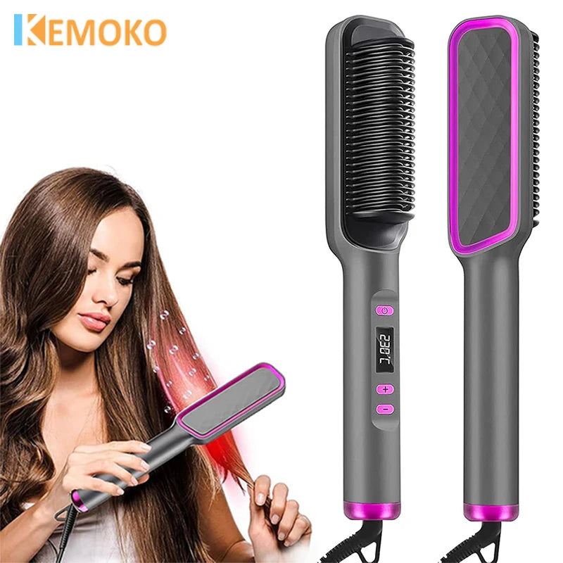 2-in-1 Fast Heating Electric Hair Straightener Brush for All Hair Types