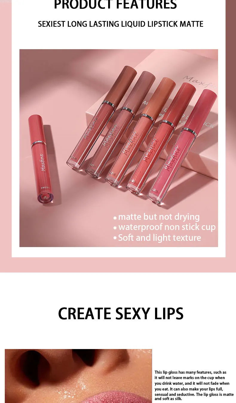 Matte Velvet Lip Gloss Waterproof Moisturizing Long lasting Liquid Lipstick