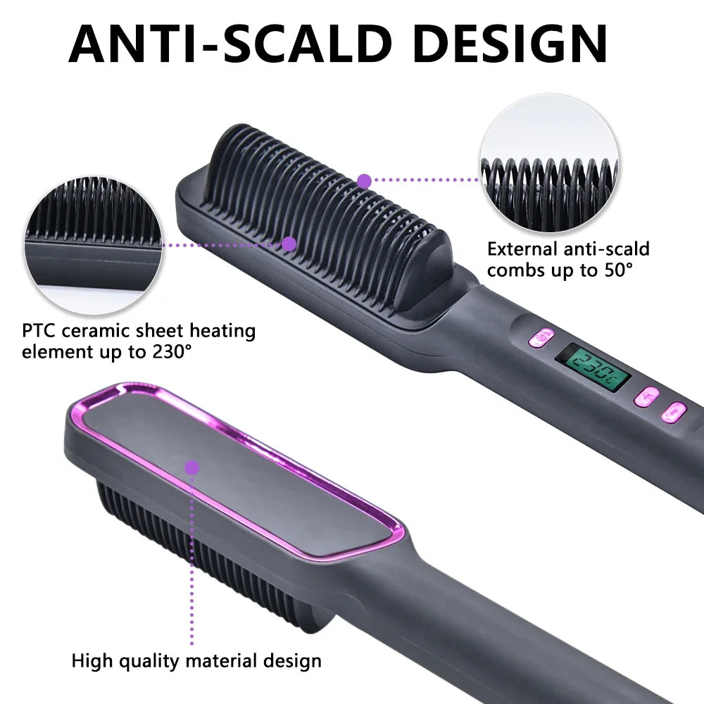 2-in-1 Fast Heating Electric Hair Straightener Brush for All Hair Types