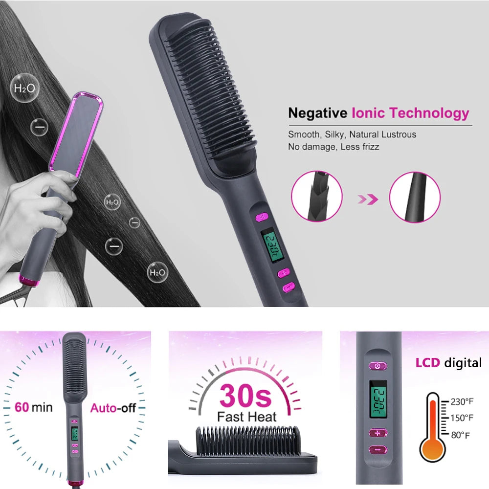 2-in-1 Fast Heating Electric Hair Straightener Brush for All Hair Types