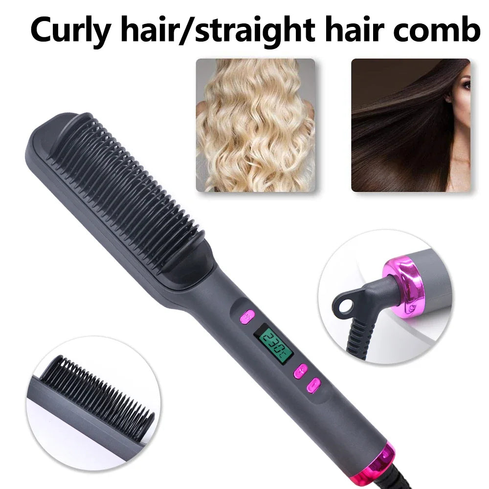2-in-1 Fast Heating Electric Hair Straightener Brush for All Hair Types