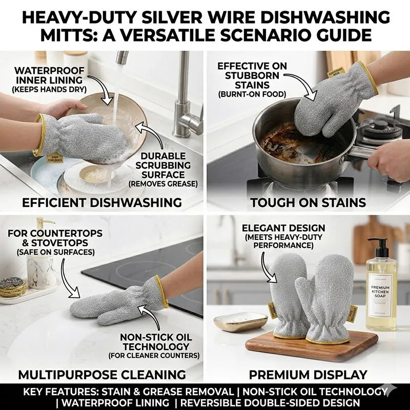 Heavy-Duty Wire Scrubber Dishwashing Mitts – Heat Resistant Steel Wire Cleaning Gloves for Pots, Pans, Grills, and Kitchen Tasks ( single )