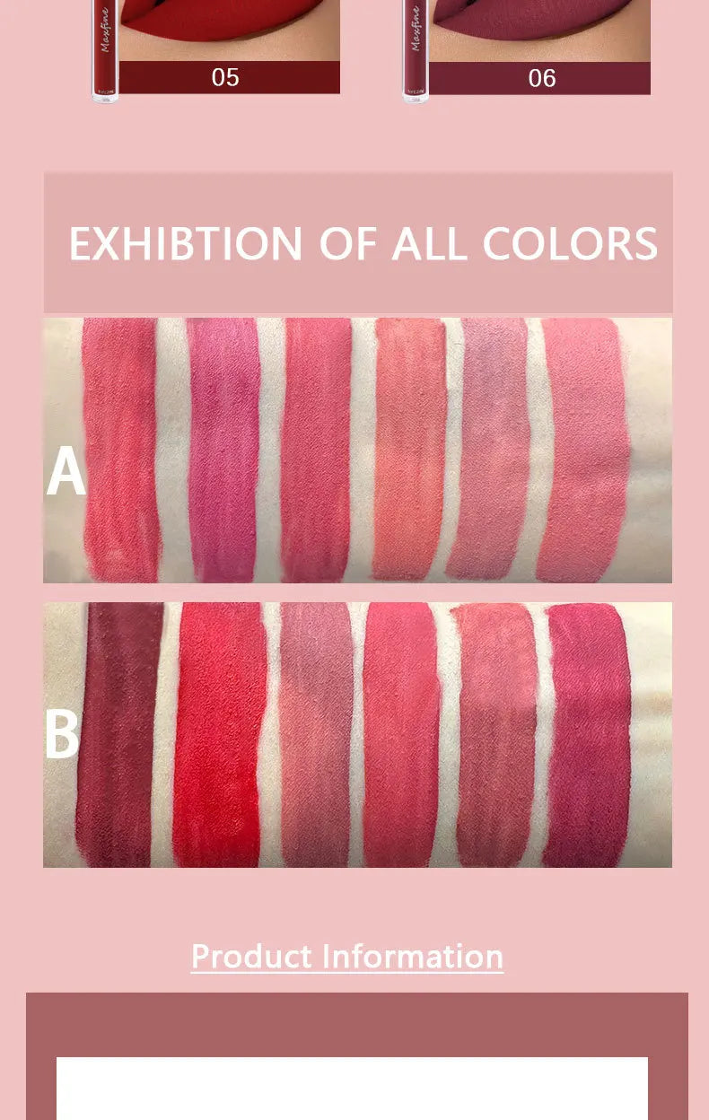 Matte Velvet Lip Gloss Waterproof Moisturizing Long lasting Liquid Lipstick